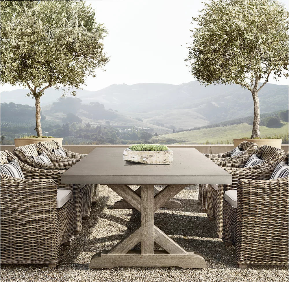 RH Belgian Trestle Concrete & Teak Dining Table