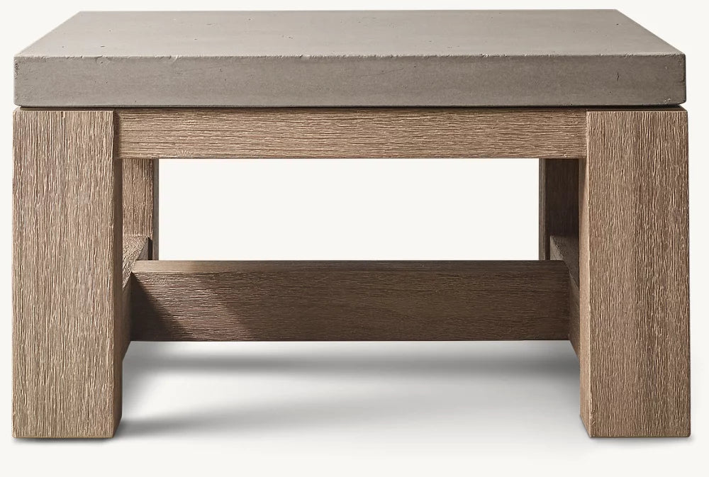 RH French Beam Concrete & Teak Square Side Table