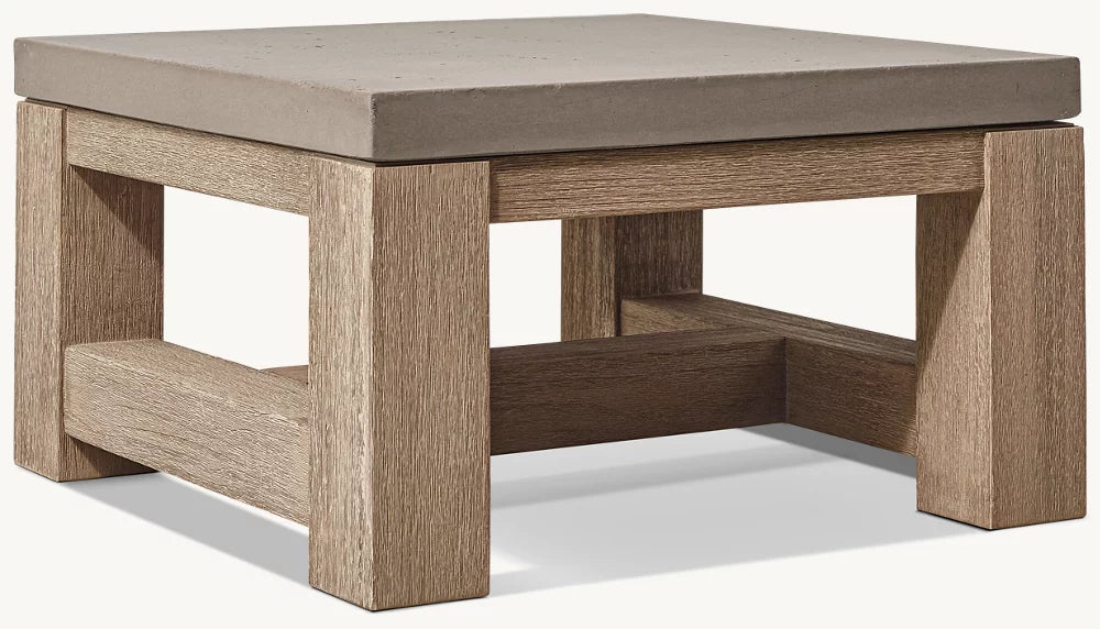 RH French Beam Concrete & Teak Square Side Table