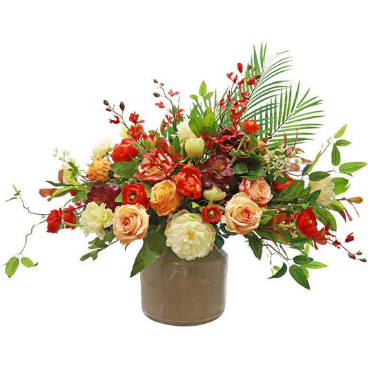 Mixed Flowers and Palm Fronds Arrangement