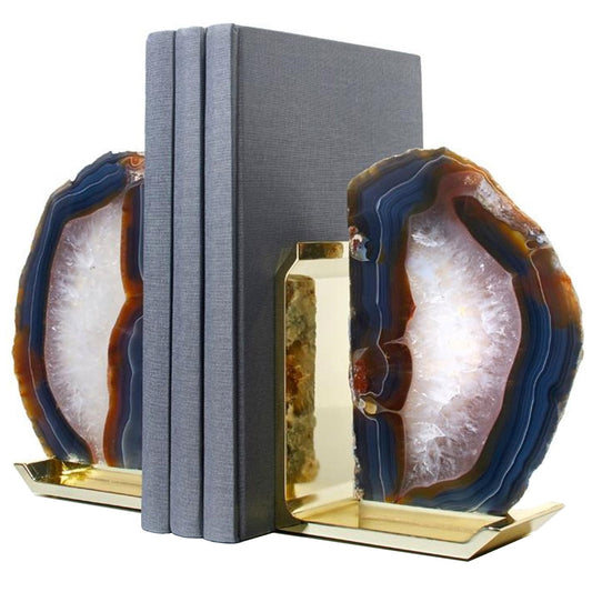 Set of 2 Natural Agate & Brass Fim Bookends